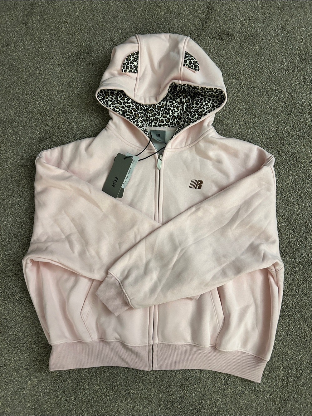 FDR Heavyweight Light Pink Zip Hoodie with Leopard-Lined Hood